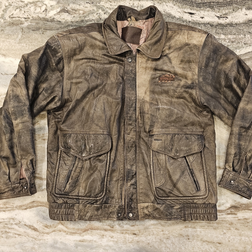 100% Distressed Leather Bomber Jacket Mens XL embroidered with‎ Stanley Racing